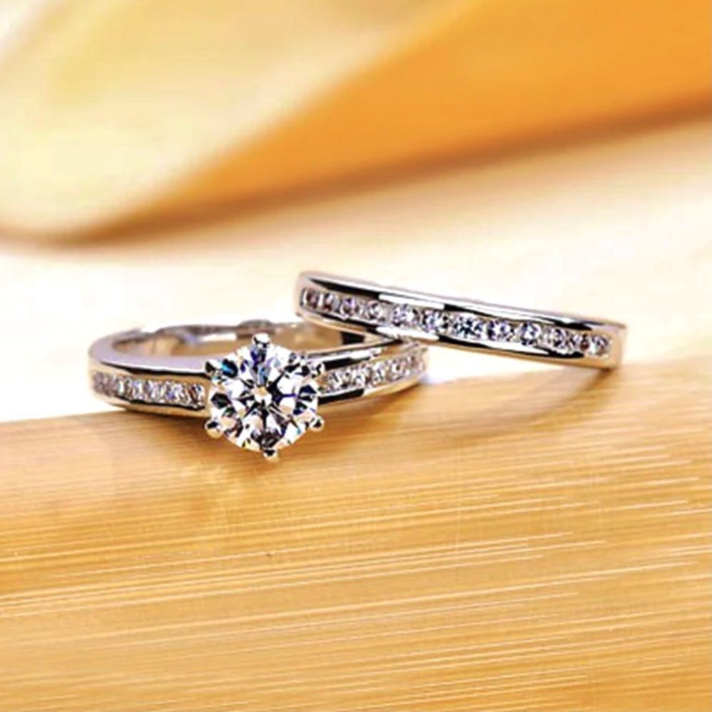 Silver Tone Engagement Ring & Band Set Size 8